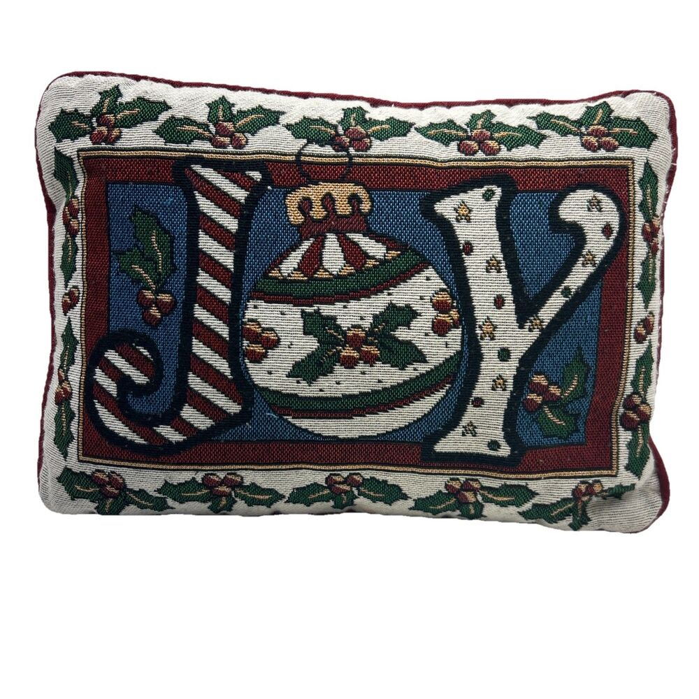 Joy Christmas Holiday Pillow 12" X 8.5" Tapestry Vintage Decor Ornaments Holly